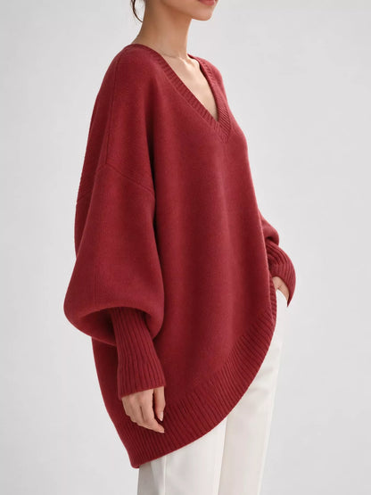 Full Size V-Neck Oversized Batwing Sleeve Sweater Plus Size - Red - View 2