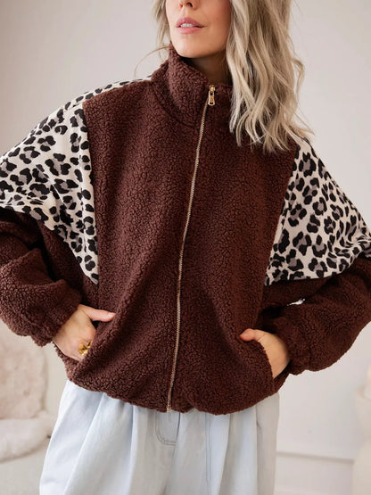 Leopard Patchwork Fleece Western Style Zip-up Collar Jacket - Brown - View 3