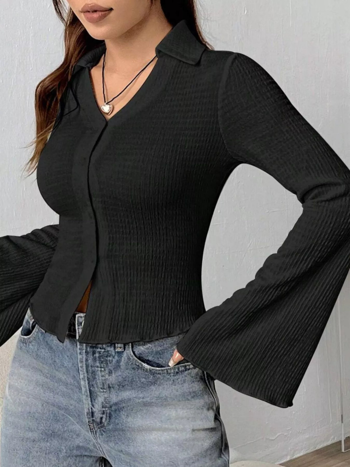 Button Up Flare Sleeve Shirt - Black - View 16