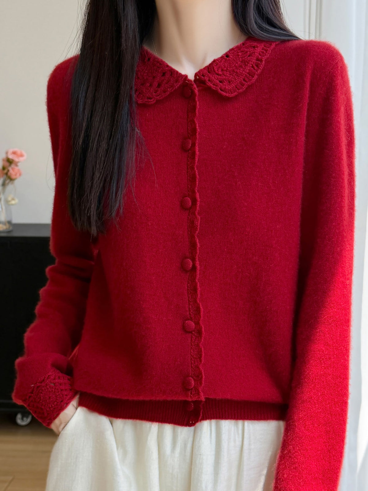 Lace-Collar Button Down Knit Cardigan - Cherry Red - View 28