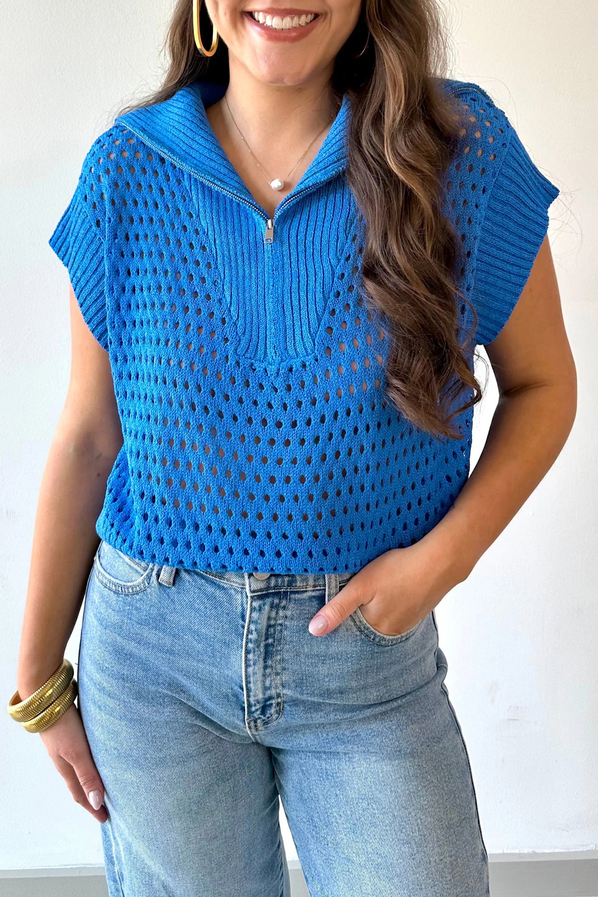 Sky Blue Cutout Knit Zip-Collar Top - Sky Blue - View 3