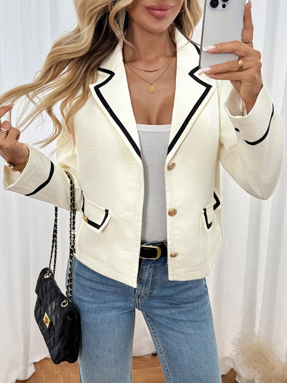 Contrast Trim Button-Up Blazer - Beige - View 5