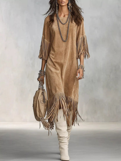 Fringed Round Neck Midi Dress - Khaki - View 1