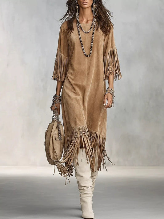 Fringed Round Neck Midi Dress - Khaki - View 1