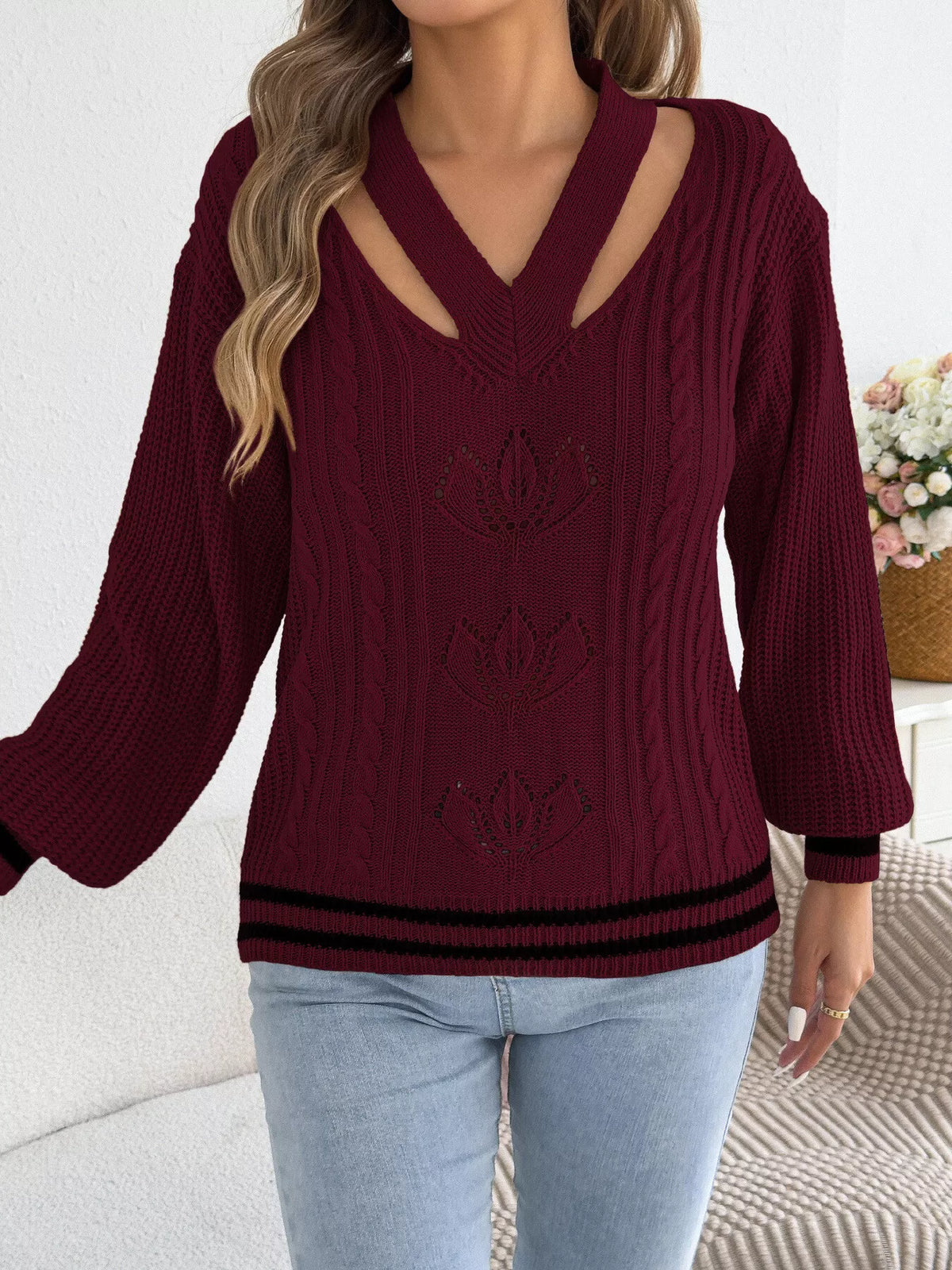 Cutout Cable Knit Sweater - Burgundy - View 6