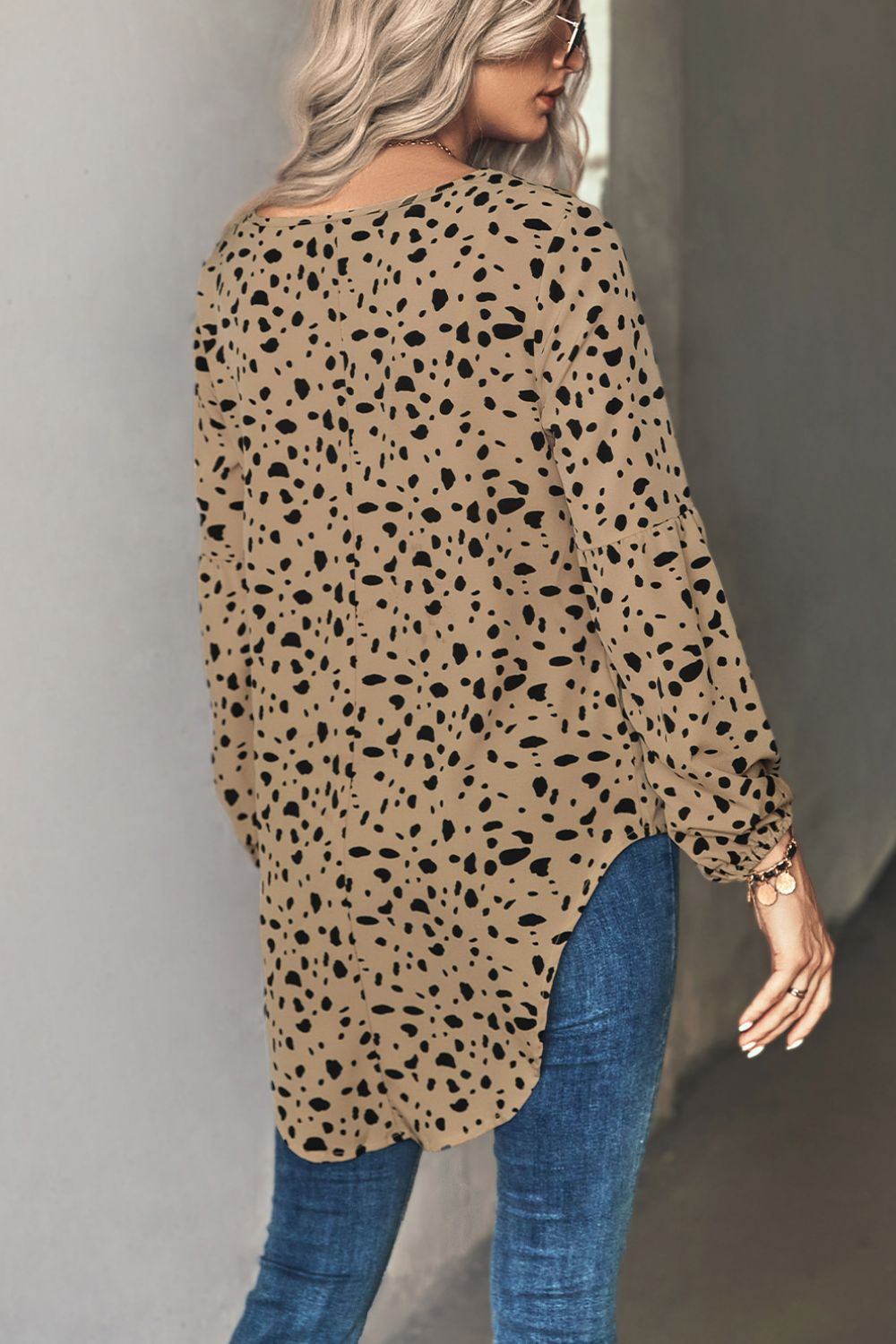 Animal Print V-Neck High-Low Blouse - Khaki - View 2