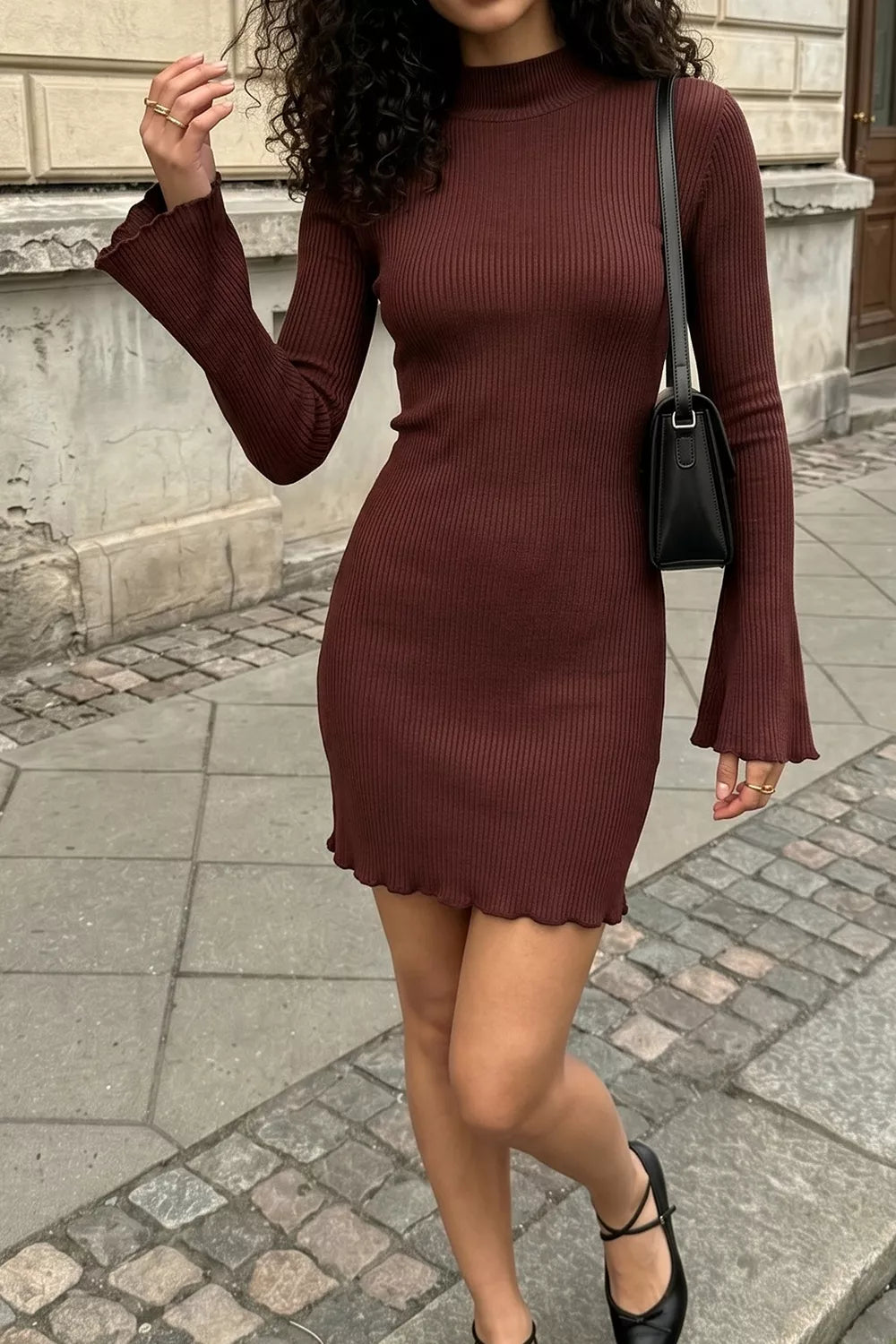 Mock Neck Ribbed Knit Bodycon Mini Dress - Burgundy - View 4