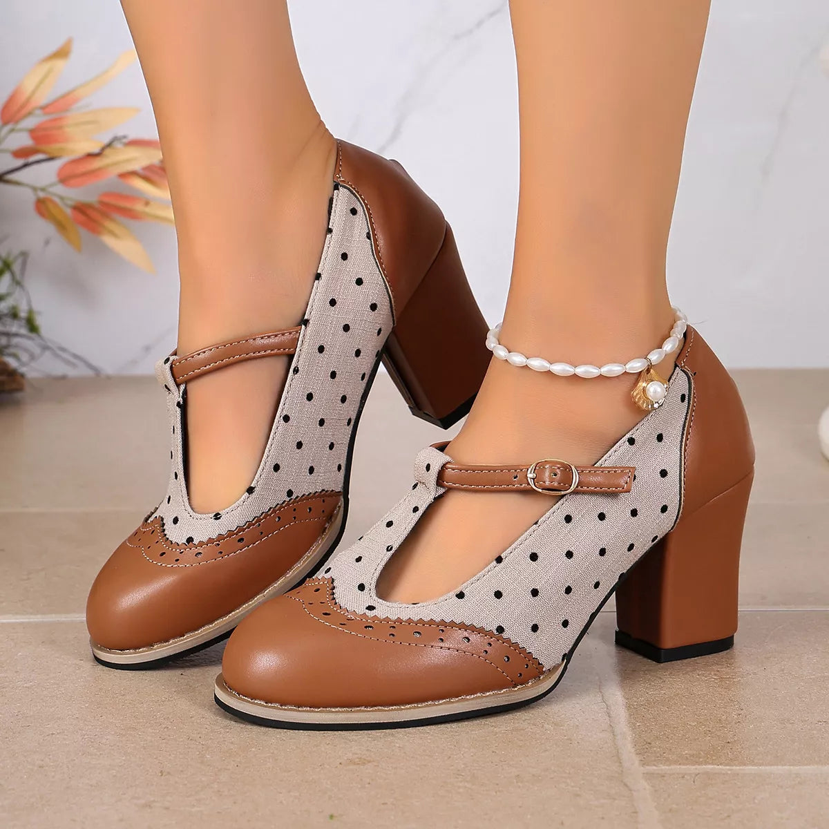 Point Toe Block Heels Pumps - Brown - View 2