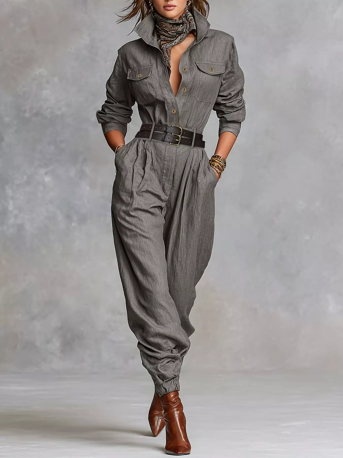 Button Front Long-Sleeve Jumpsuit - Gray - View 1