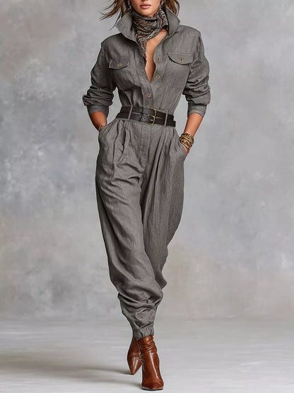 Button Front Long-Sleeve Jumpsuit - Gray - View 1
