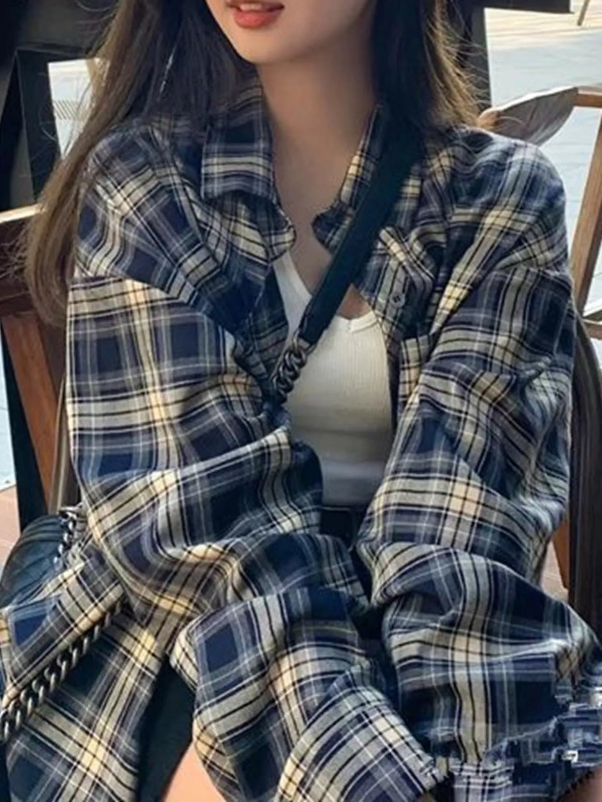 Casual Loose Fit Plaid Shirt - Navy-Plaid - View 1