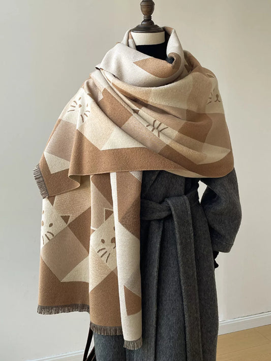 Cute Cat Pattern Plaid Raw Hem Scarf - Khaki - View 1