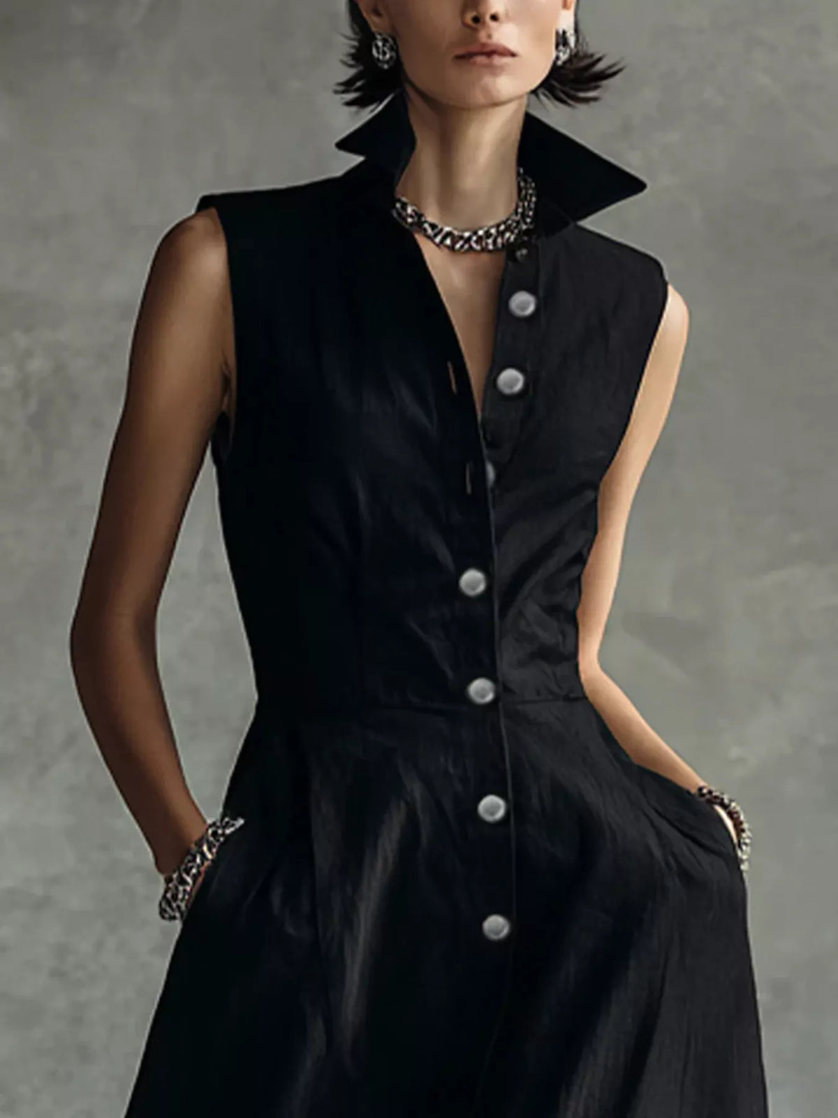 Sleeveless Button-Down Midi Shirt Dress - Black - View 3