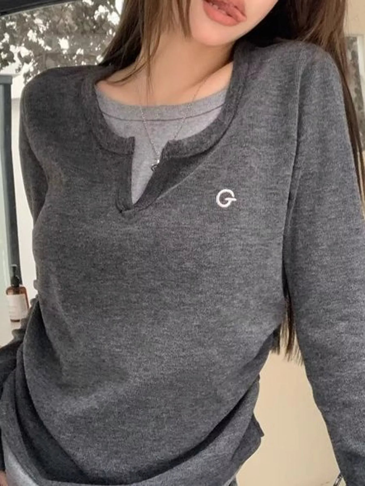 Layered Look Long Sleeve T-Shirt - Dark Gray - View 1