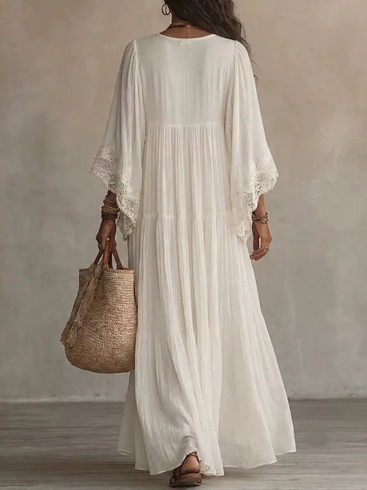 Lace Trim V-Neck Maxi Dress - White - View 2