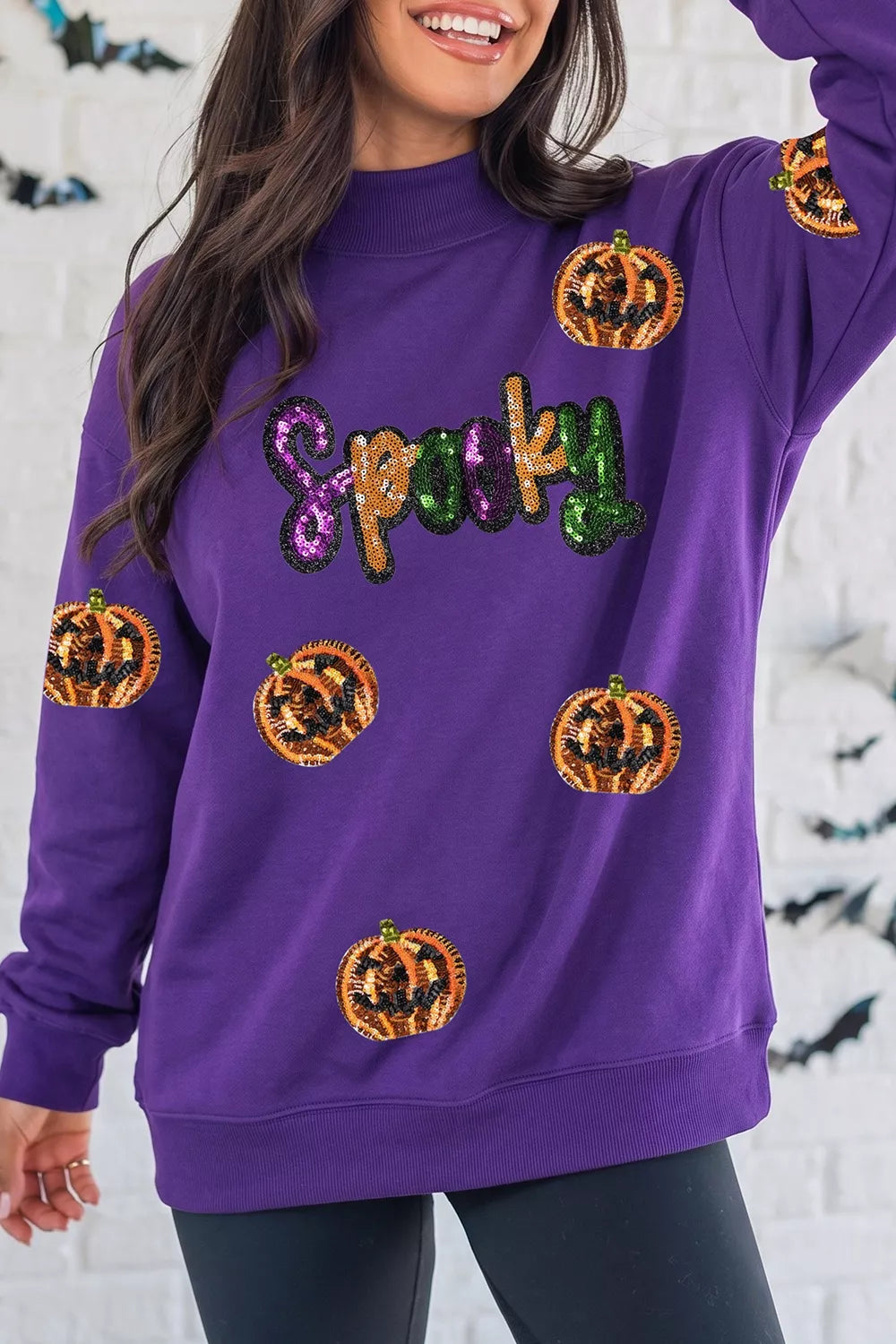 Sequin Pumpkin Spooky Halloween Sweatshirt - Violet - View 1
