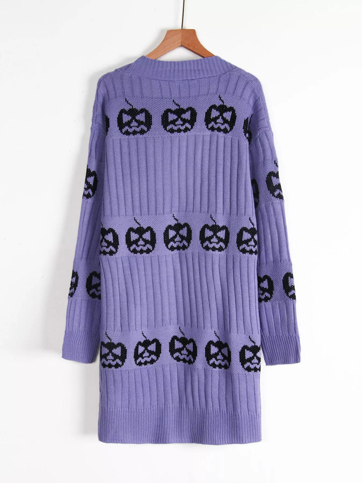 Halloween Pumpkin Open Front Knit Cardigan - Purple - View 4