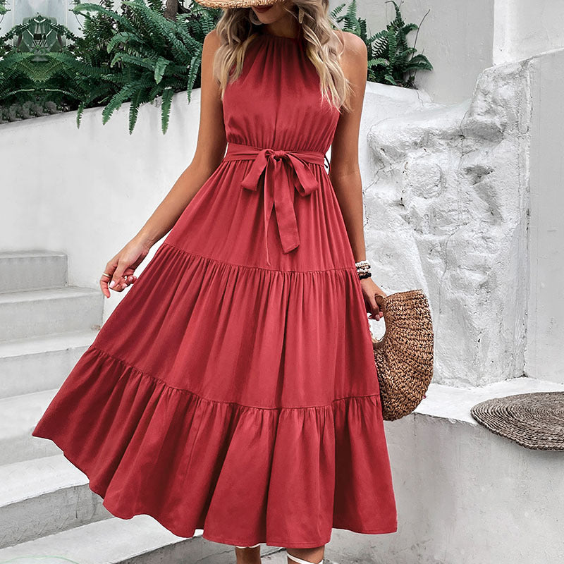 Perfee Tie Belt Tiered Midi Dress - Burgundy - View 3
