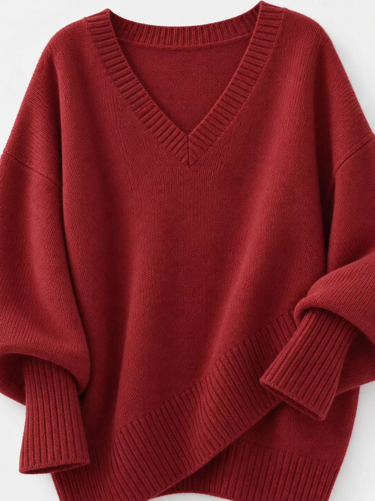 Full Size V-Neck Oversized Batwing Sleeve Sweater Plus Size - Red - View 5