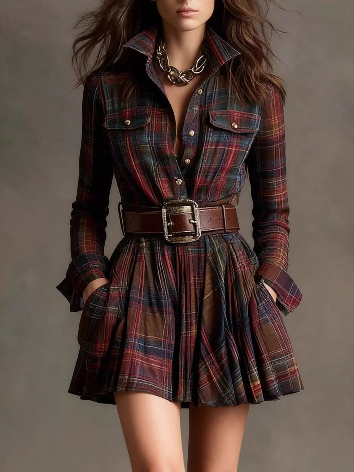 Plaid Long Sleeve Shirt Dress - Burgundy - View 1