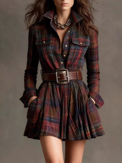 Plaid Long Sleeve Shirt Dress - Burgundy - View 1