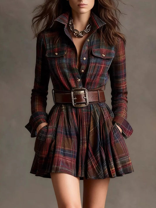 Plaid Long Sleeve Shirt Dress - Burgundy - View 1