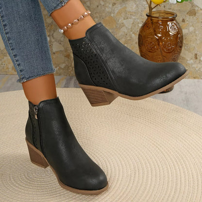 Point Toe Block Heels Boots - Black - View 4