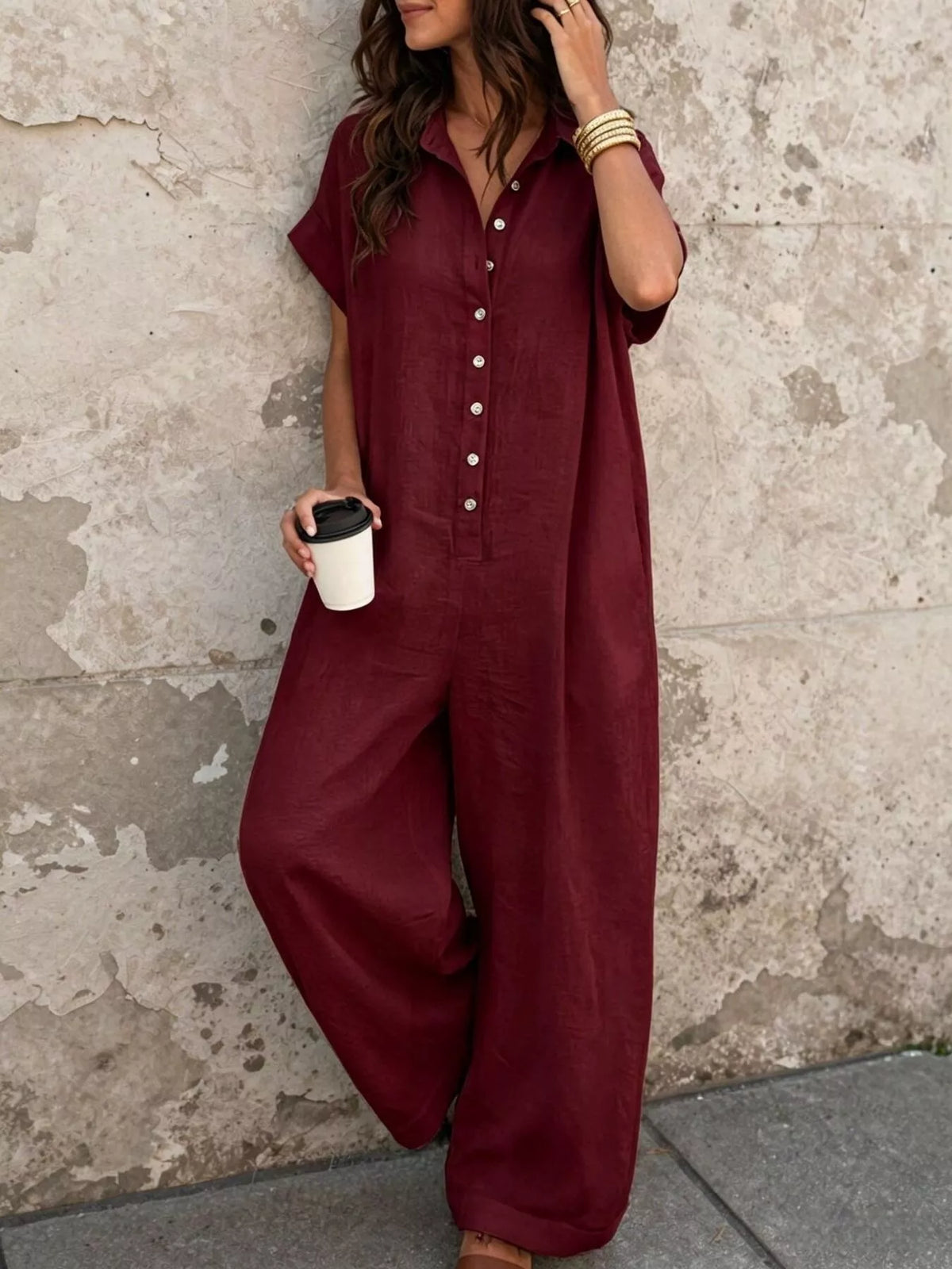 Button Front Short Sleeve Jumpsuit - Burgundy - View 1