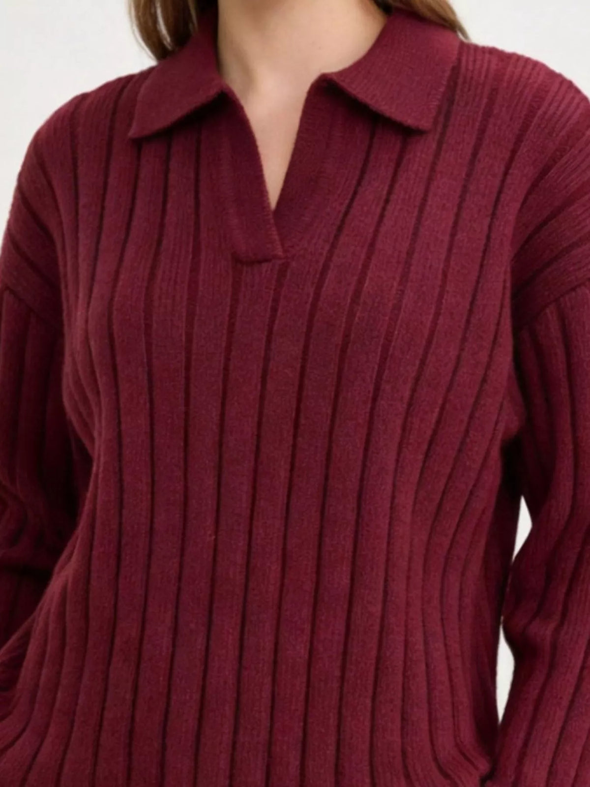 Ribbed Knit Polo Collar Sweater - Red - View 3