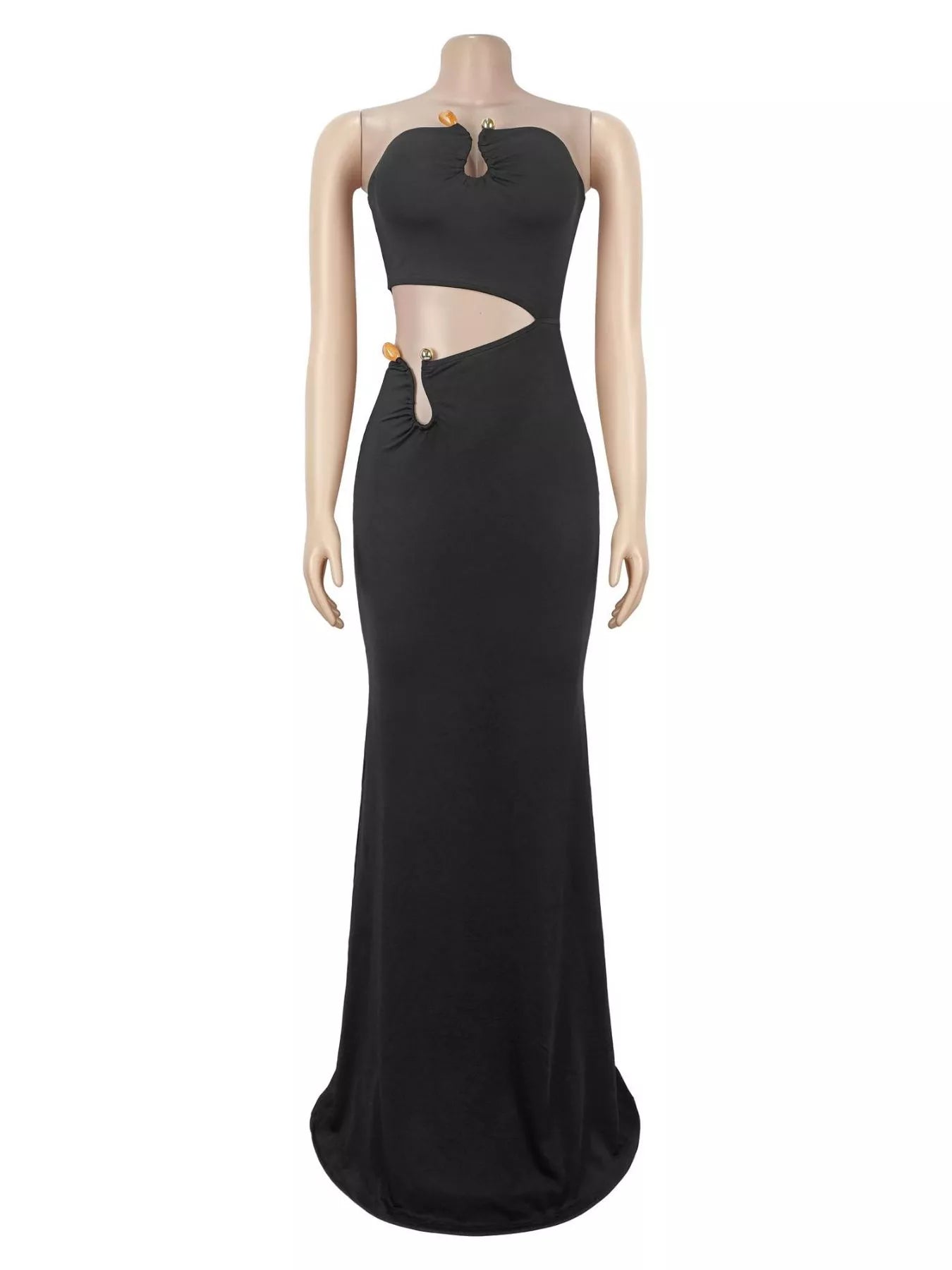 Strapless Cut-out Maxi Dress with Ruched Detail - Black - Front Mannequin View