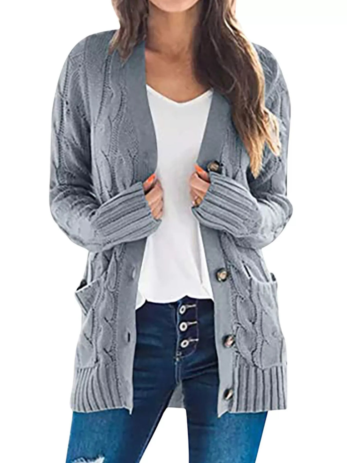 Full Size Chunky Cable Knit Button-Down Cardigan Plus Size - Silver Gray - View 1