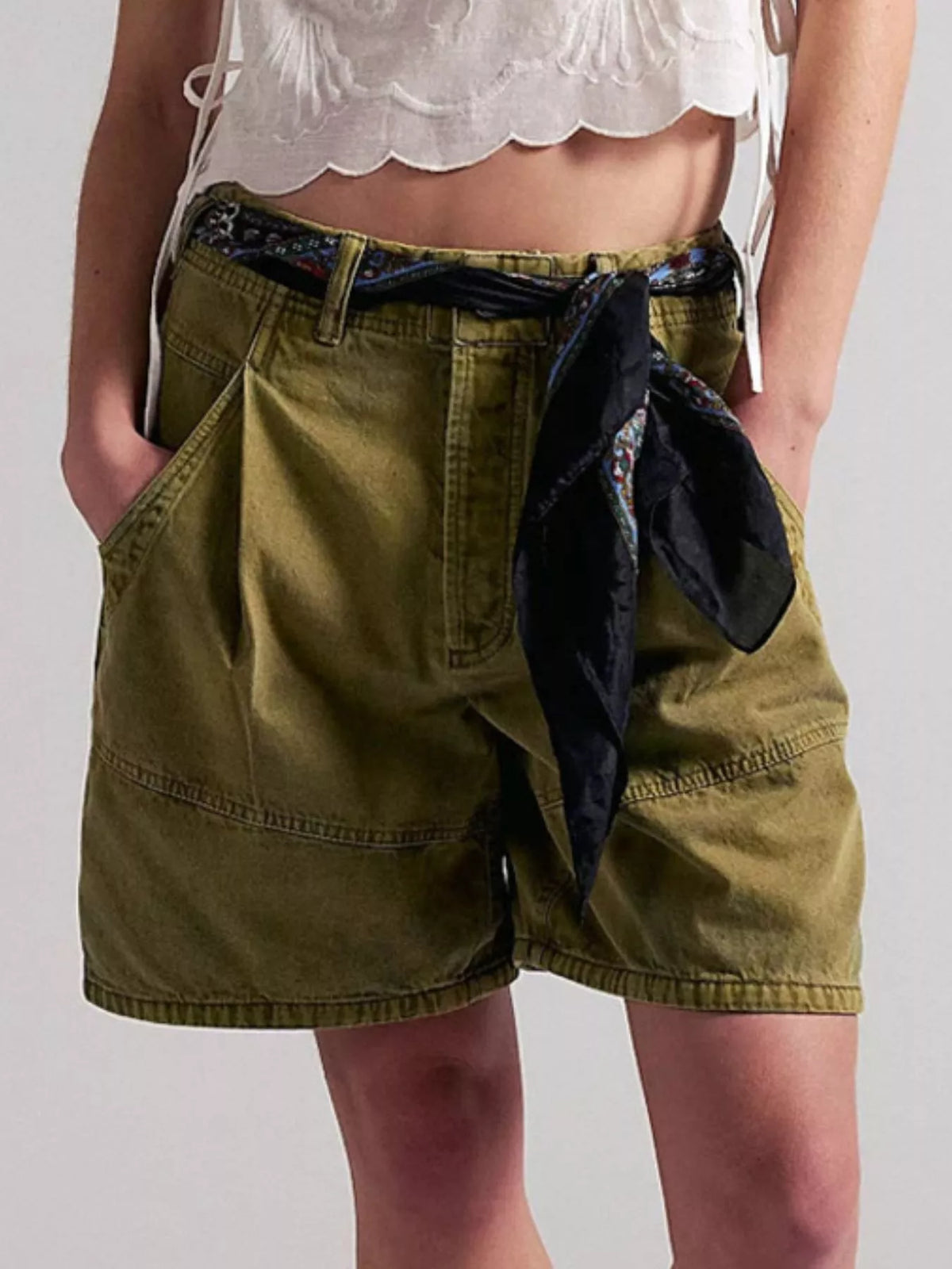 High-Waisted Denim Shorts - Olive Green - View 1