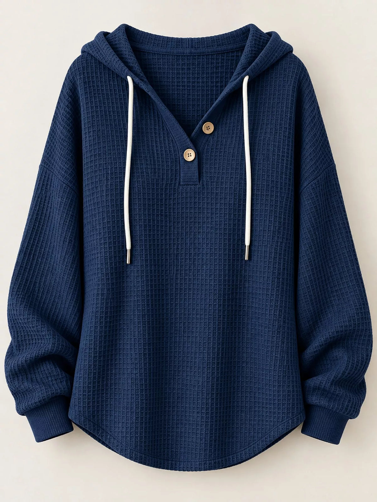 Full Size Waffle Knit Button Detail Hoodie Plus Size - Dark Blue - View 38