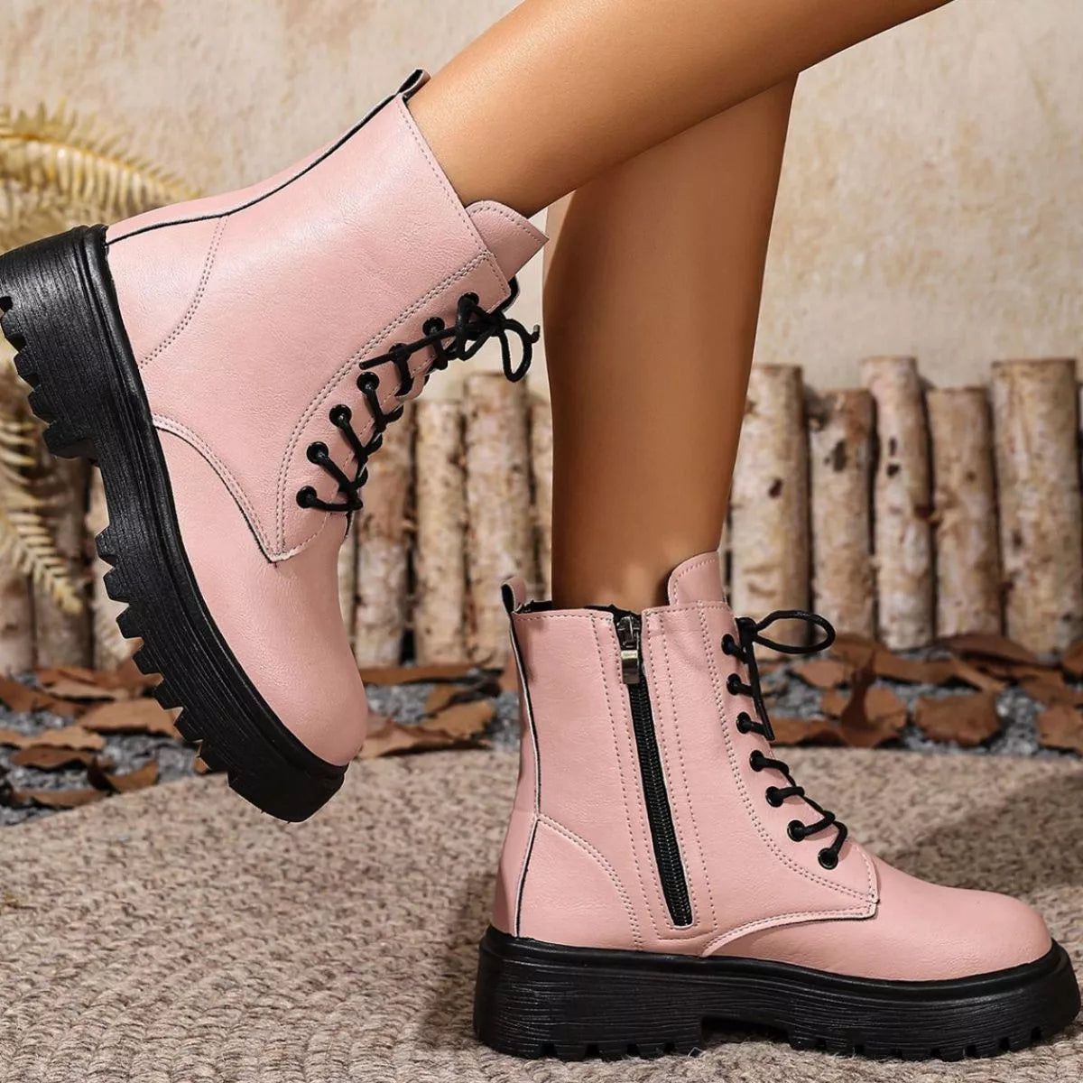 Round Toe Block Heels Boots - Pink - View 11