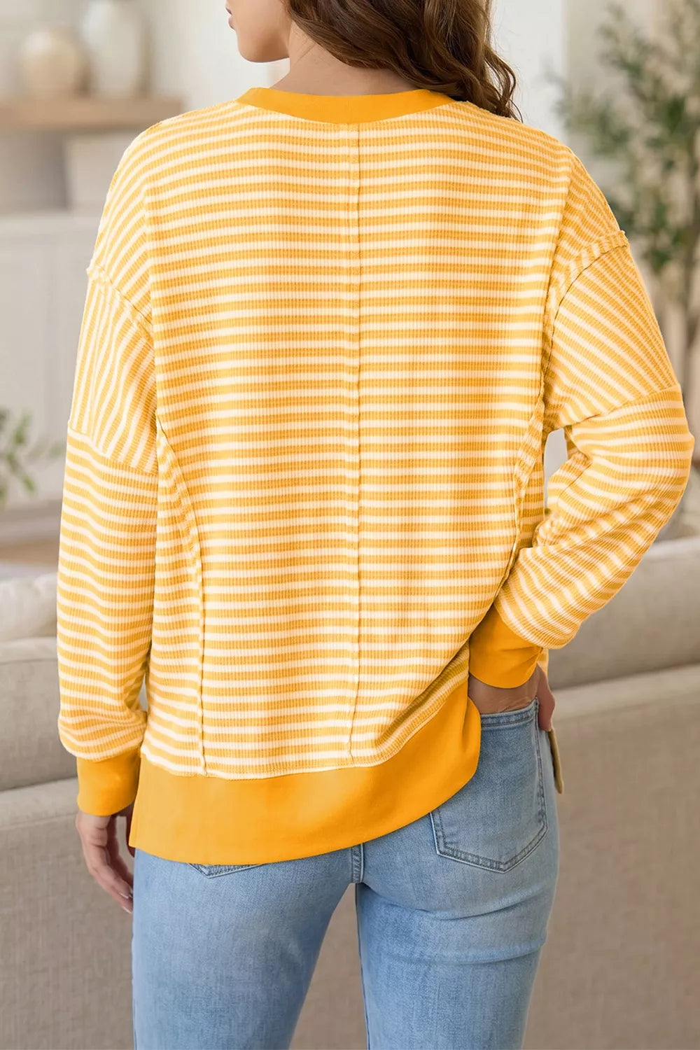Stripe Halloween Pumpkin Face Waffle Knit Pullover Loose Top with Slits - Gold - View 2