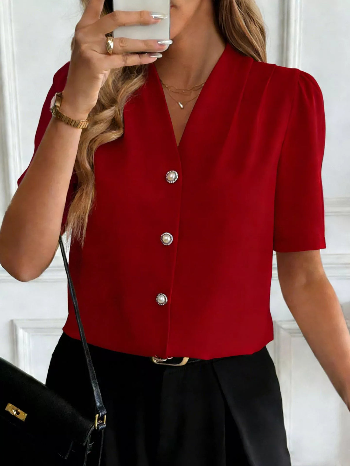 V-Neck Button-Down Shirt - Burgundy - View 18