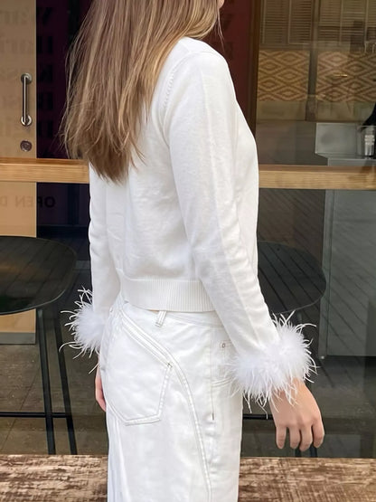 Fuzzy Cuffs Button Up Cardigan - White - View 5