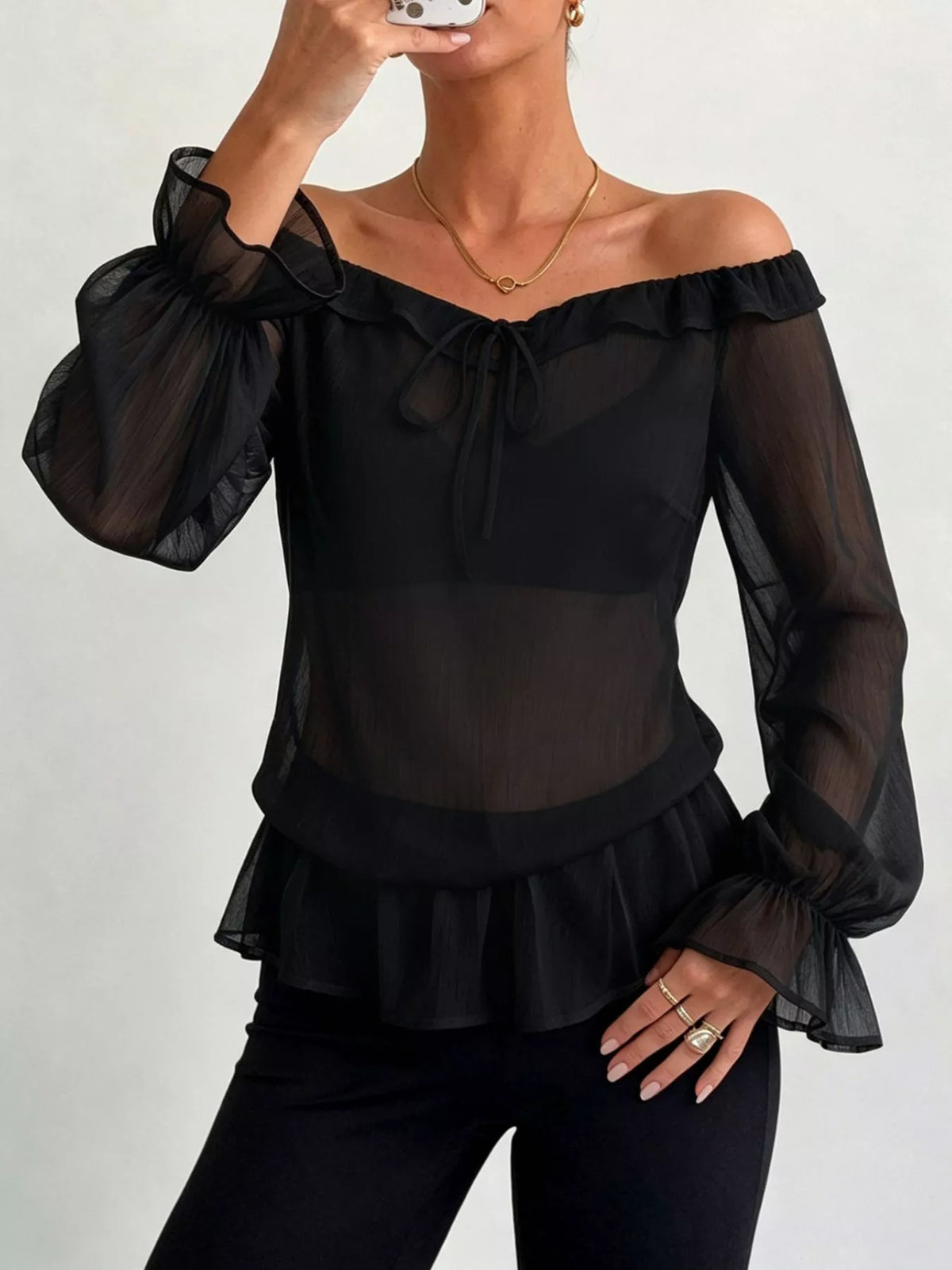 Off-Shoulder Flounce Sleeve Chiffon Blouse - Black - View 2