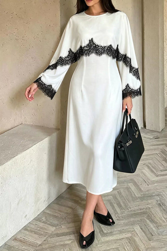Lace Trim Round Neck Midi Dress - White - View 1