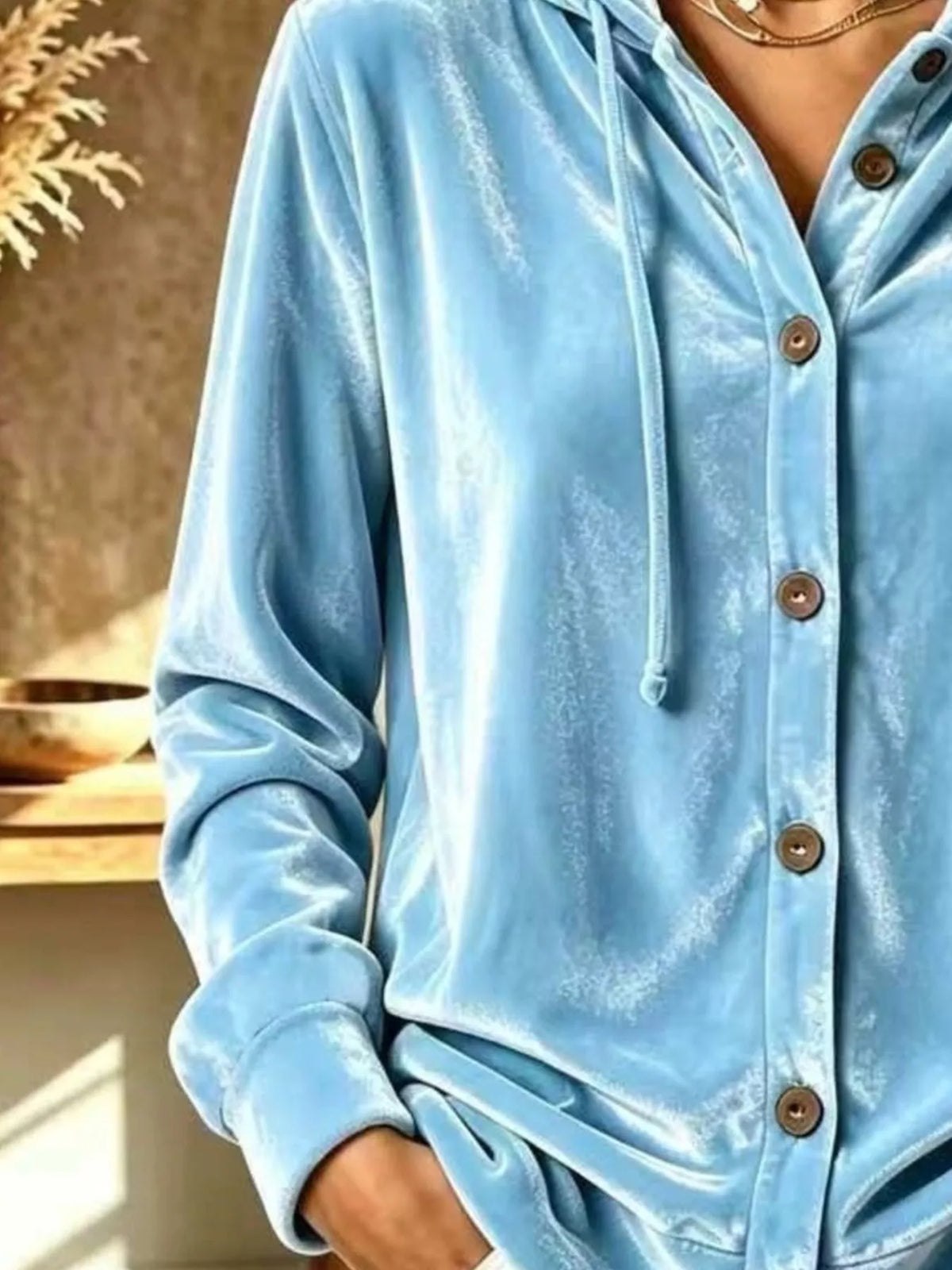 Full Size Velvet Button-Down Hooded Top Plus Size - Cerulean - View 3