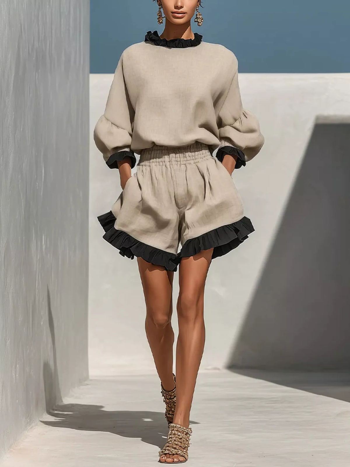 Contrast Trim Dropped Shoulder Top and Shorts Set - Beige - View 1