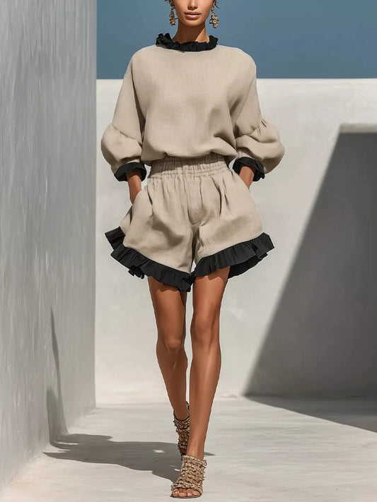 Contrast Trim Dropped Shoulder Top and Shorts Set - Beige - View 1