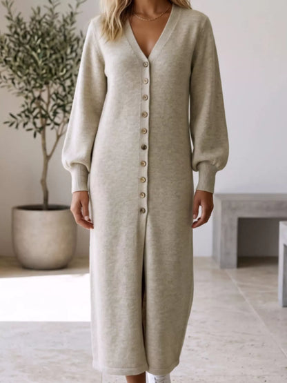 Button Front Long Sleeve Sweater Dress - Light Gray - View 1