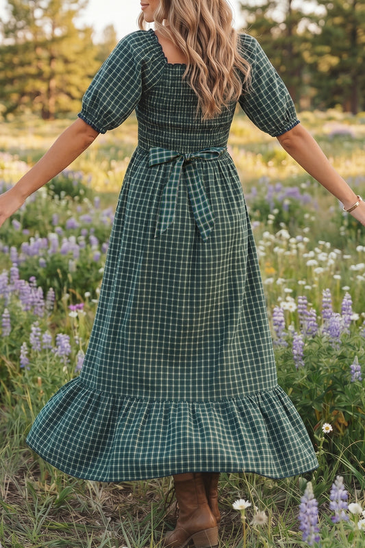 Green Plaid Square Neck Shirred High Waist Ruffle Hem Dress - Green - 2