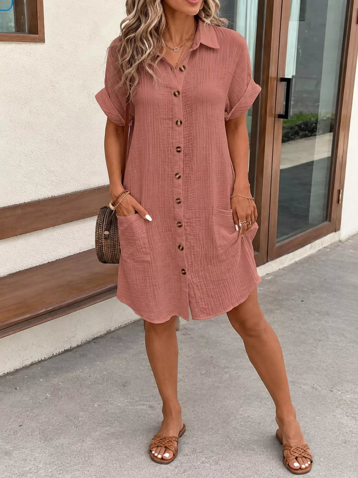 Full Size Button-Down Textured Shirt Dress with Pockets Plus Size - Dusty Pink - View 13