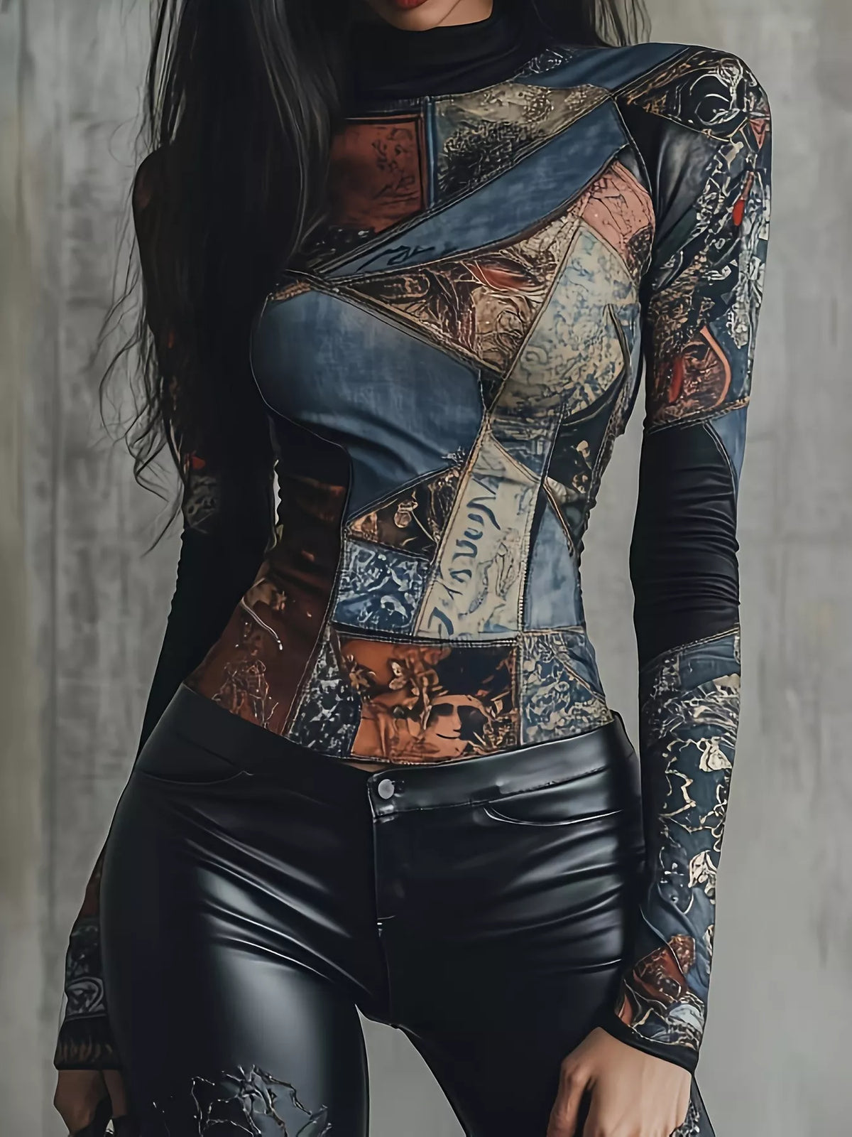 Patchwork Printed Mock Neck Long Sleeve T-Shirt - Mixed Color - View 1