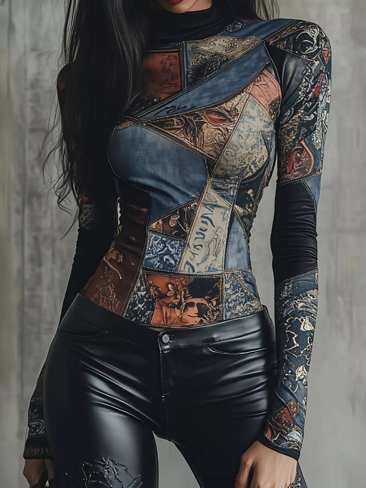 Patchwork Printed Mock Neck Long Sleeve T-Shirt - Mixed Color - View 1