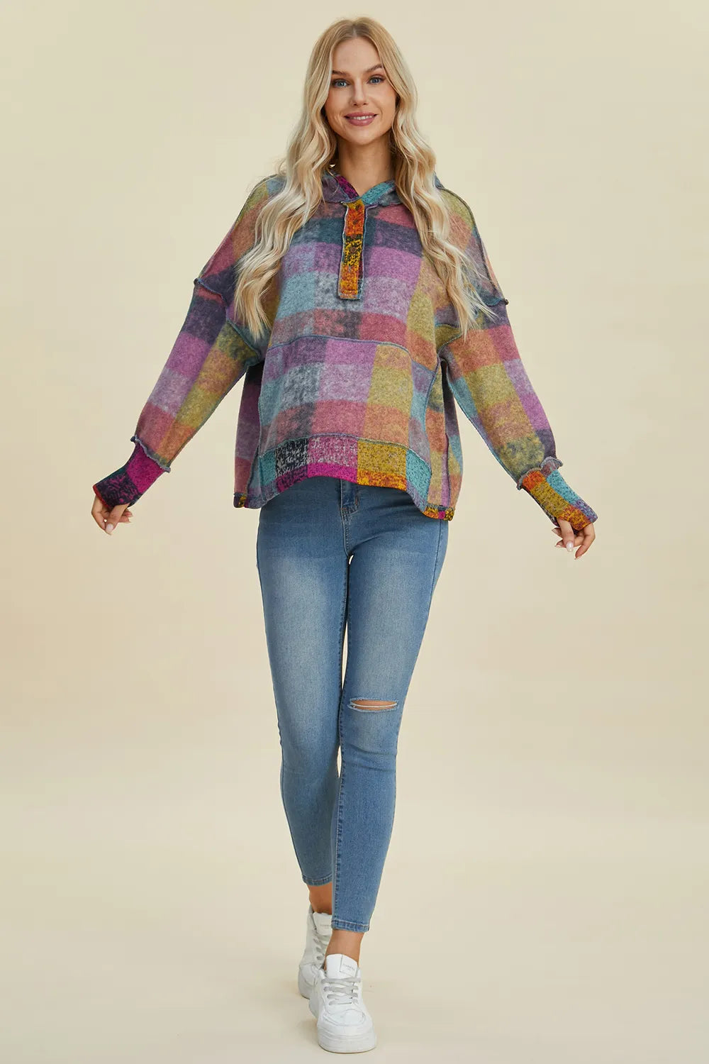 Double Take Full Size Plaid Dropped Shoulder Fleece Hoodie Plus Size - Heliotrope Purple - View 12