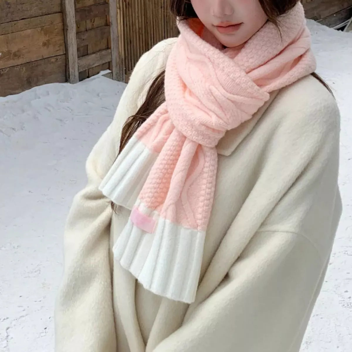 Two-Tone Cable Knitted Scarf - Pink - View 2