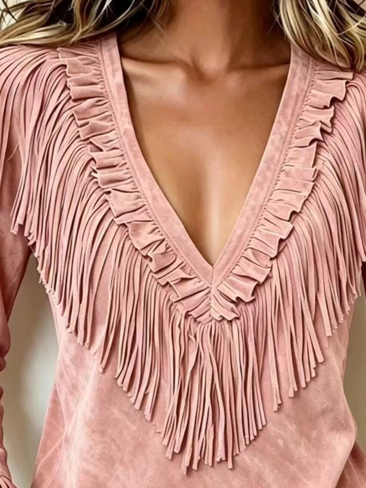 Fringed V-Neck Blouse - Dusty Pink - View 2